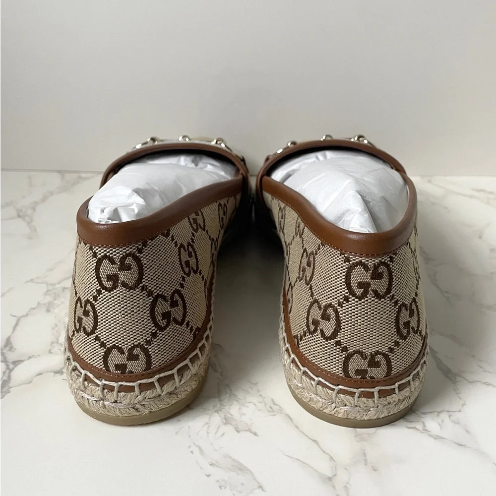 New Gucci Womens Espadrilles Brown Camel GG Canvas Size 38